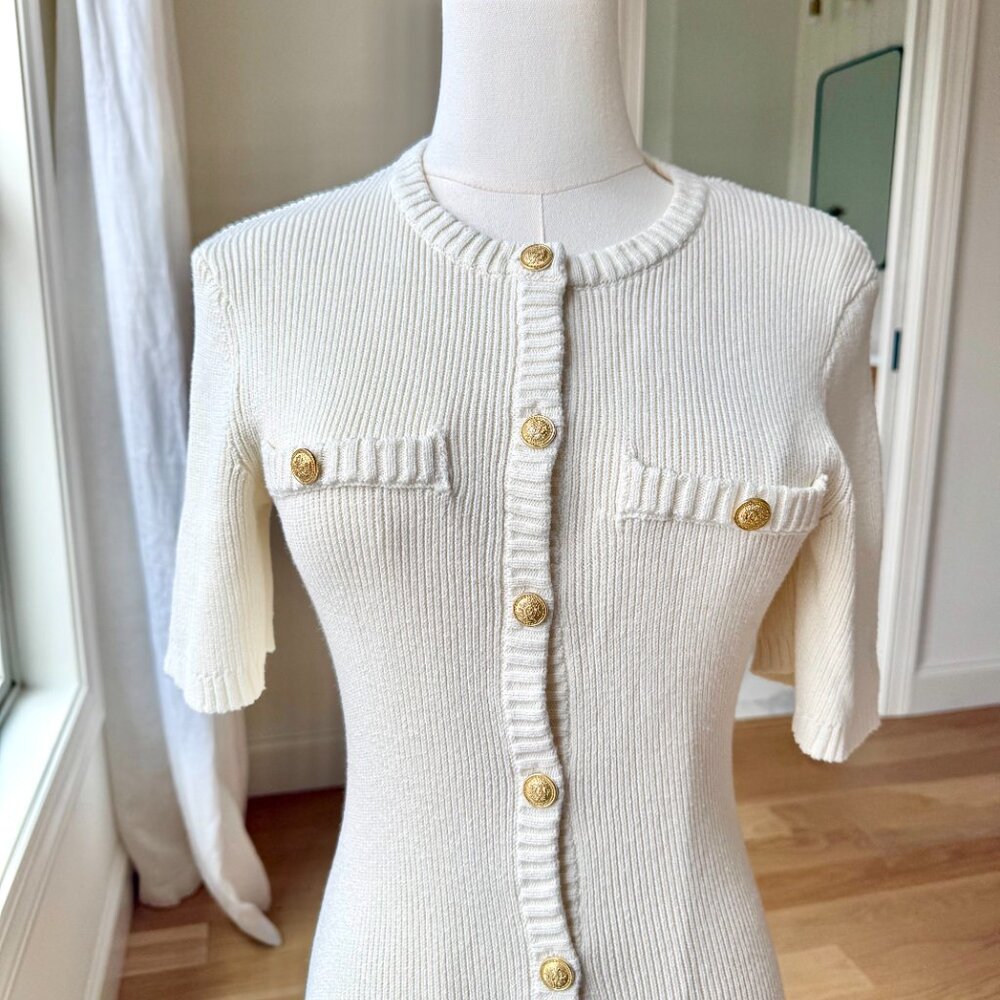 H&M Rib Knit Cream Dress Gold Button Old Money Style - XS - Picture 7 of 8